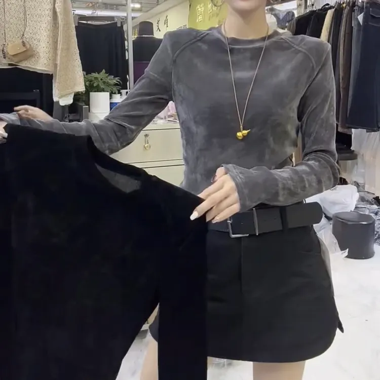 女拼接圆领包袖长袖T恤秋冬新款网红修身时尚显瘦气质上衣女装