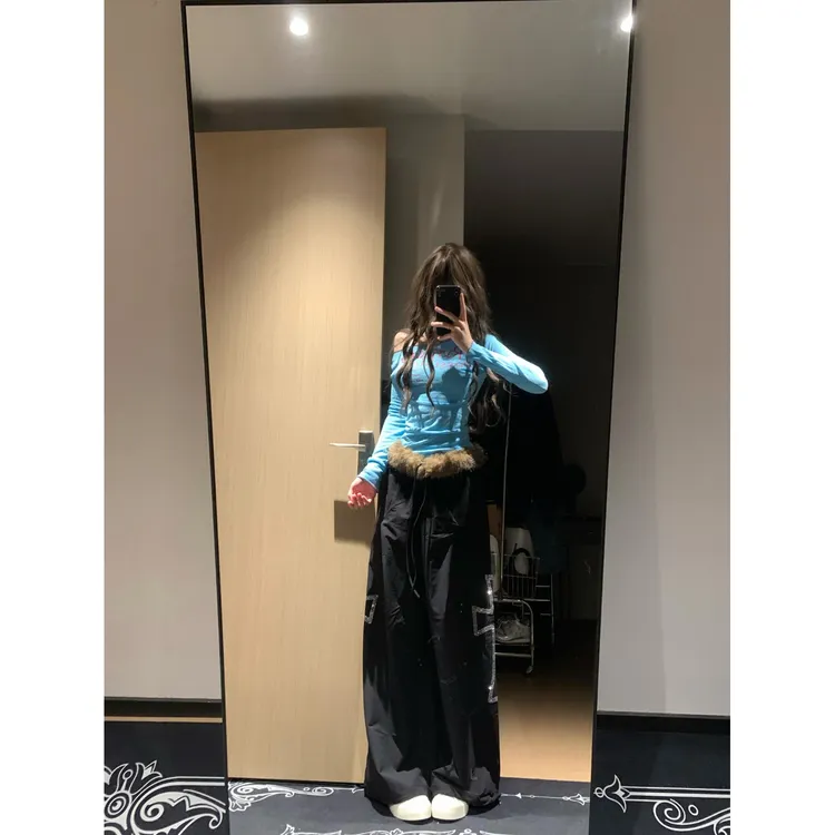 美式复古十字烫钻黑色休闲裤女2025早秋新款街头辣妹抽绳街舞裤子