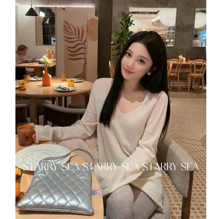 PP 店主推荐/韩系极细V领宽松长袖羊毛衫上衣米色打底衫#PP0331SY