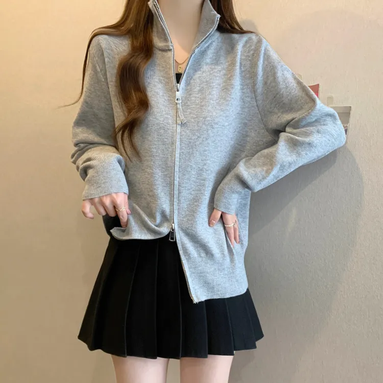 拉链长袖针织开衫女早春胖妹妹遮肉显瘦大码宽松休闲百搭外套上衣