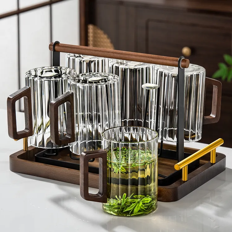 盟帆玻璃茶杯6只装客人杯家用茶具高颜值竖条纹泡绿茶杯子带把手