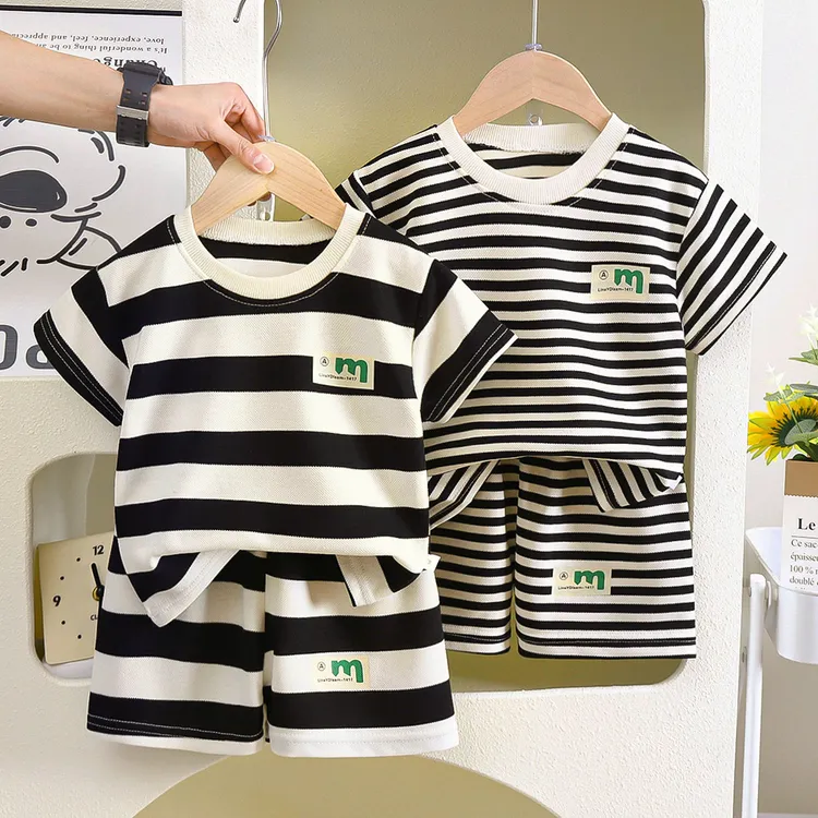 【福利新款】儿童短袖短裤条纹套装男童女童夏季韩范洋气舒适套装