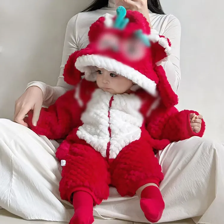 婴儿冬季连体衣加绒加厚毛毛衣宝宝超萌红色喜庆新年外穿爬服