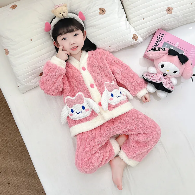 女童珊瑚绒睡衣秋冬保暖加厚女孩女宝宝冬款开衫儿童儿童睡衣