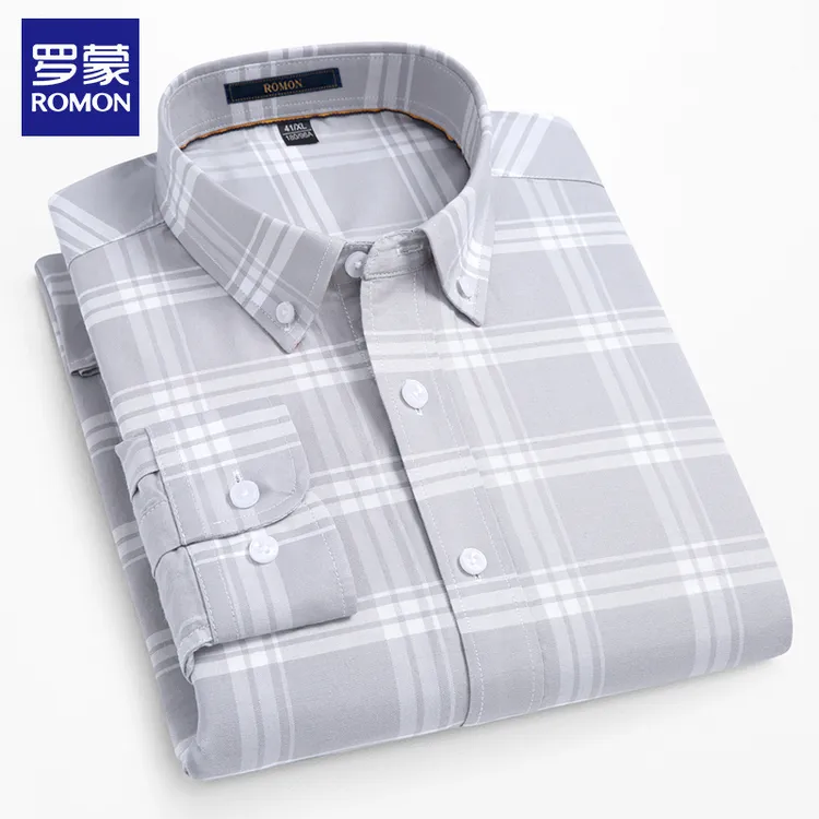 罗蒙100%男士纯棉格子长袖衬衫春秋新品牛津纺休闲衬衣青年时尚款