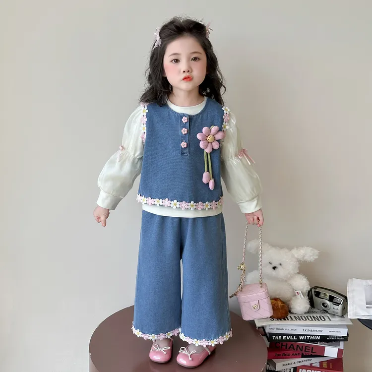 女童套装2025新款儿童洋气时髦女宝宝秋季韩版牛仔三件套童装秋装