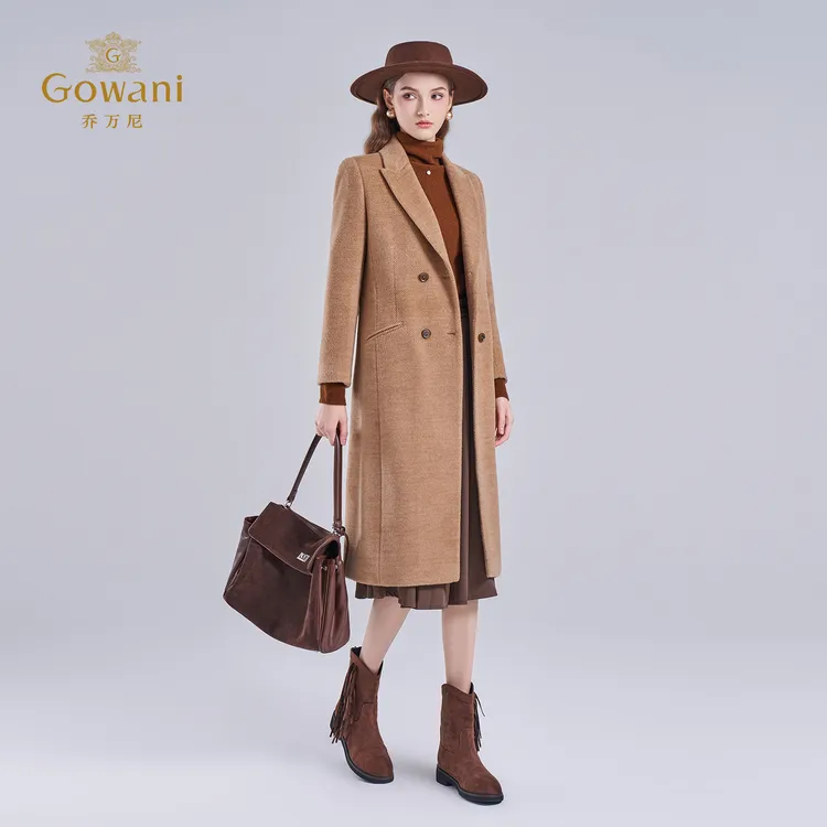 乔万尼绵羊毛大衣女长款西装领双排扣老风毛呢外套EI4A540