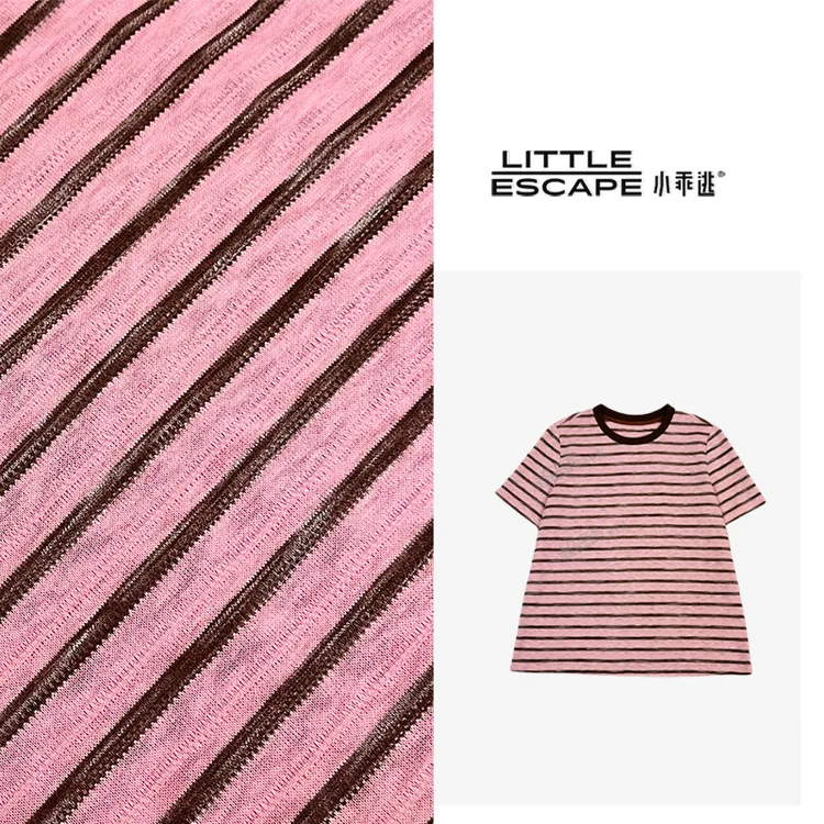 小乖逃X双色蓝色条纹粉色条纹T恤灰色领子咖色领繁花上衣 S25405