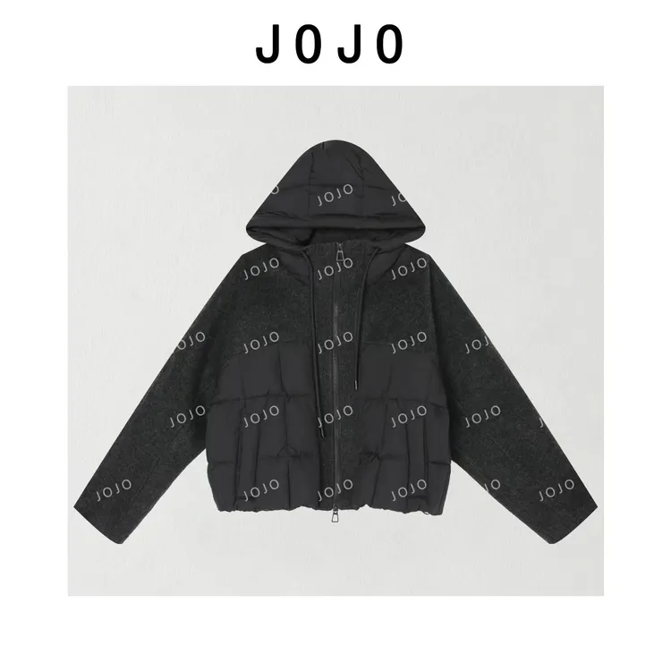 玖了个玖 2025冬款极简百搭毛呢羽绒拼接连帽双拉链外套2510C6822