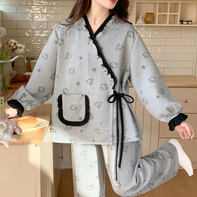 大码空气棉月子服秋冬款加厚产后孕妇睡衣哺乳怀孕和服家居服套装
