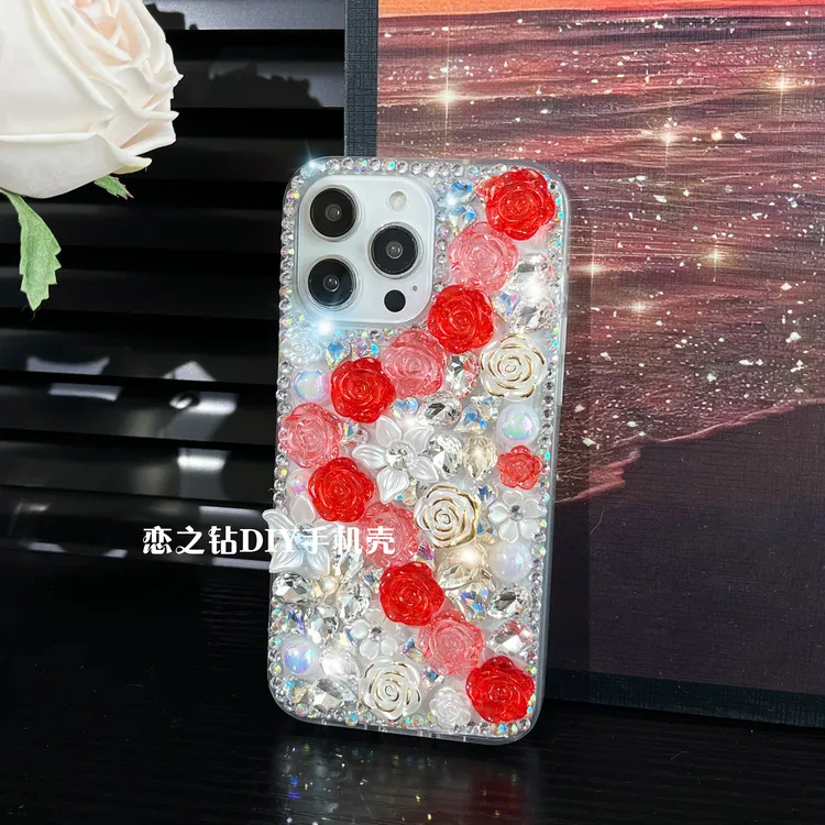 适用苹果16/华为/oppo/vivo玫瑰花园手机壳奢华满钻高级感网红