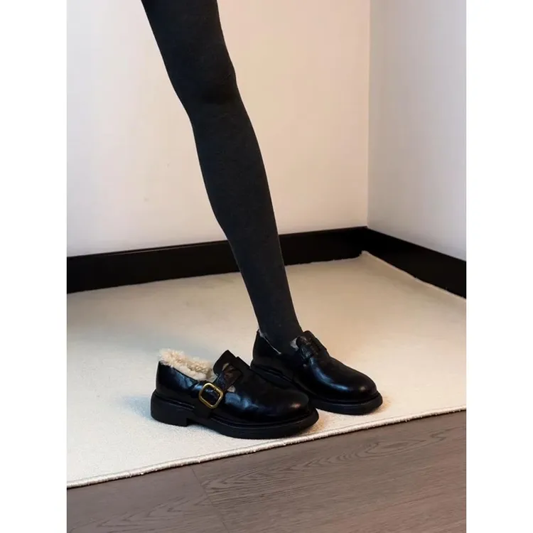穿高跟鞋的吴大叔羊皮版~通勤复古时尚舒适厚底加绒保暖乐福鞋女