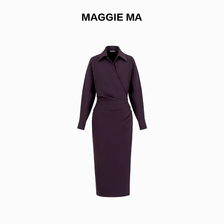MAGGIE MA马婧设计师款紫色压褶尊贵优雅气质连衣裙486D