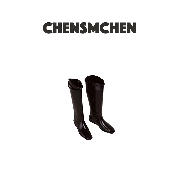 CHENSMCHEN 黑色亮面方头皮带扣真丝内里长筒靴8023
