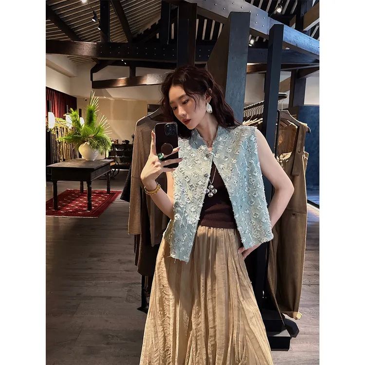 三吉黑花【梦匠】牛仔蕾丝马甲钉珠扎染复合女款2025新款时髦洋气