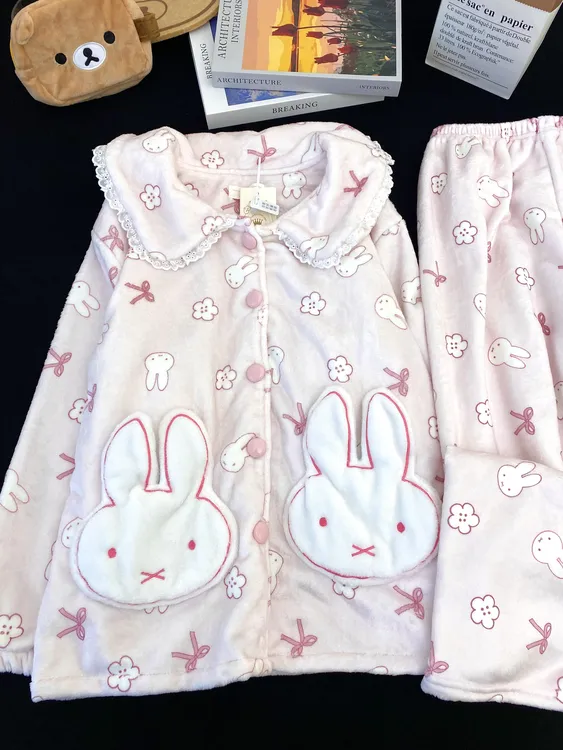 粉色米菲兔娃娃领睡衣女法兰绒加绒加厚秋冬季可爱甜美家居服冬天