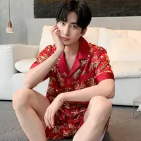 本命年男士睡衣夏季短袖短裤开衫男式仿真丝可外穿宽松新款家居服