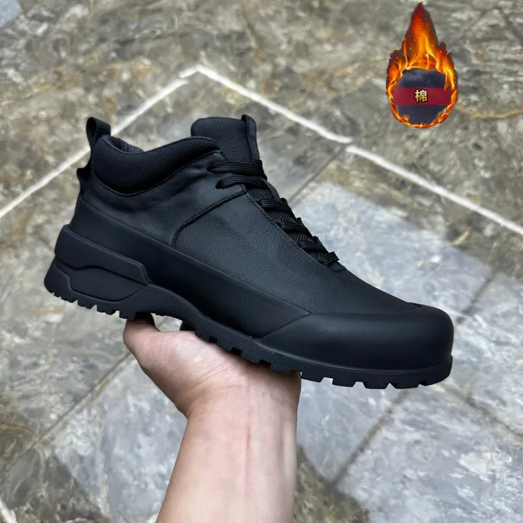 冬季新款男士真皮休闲鞋户外加绒保暖时尚百搭防滑耐磨系带潮男鞋