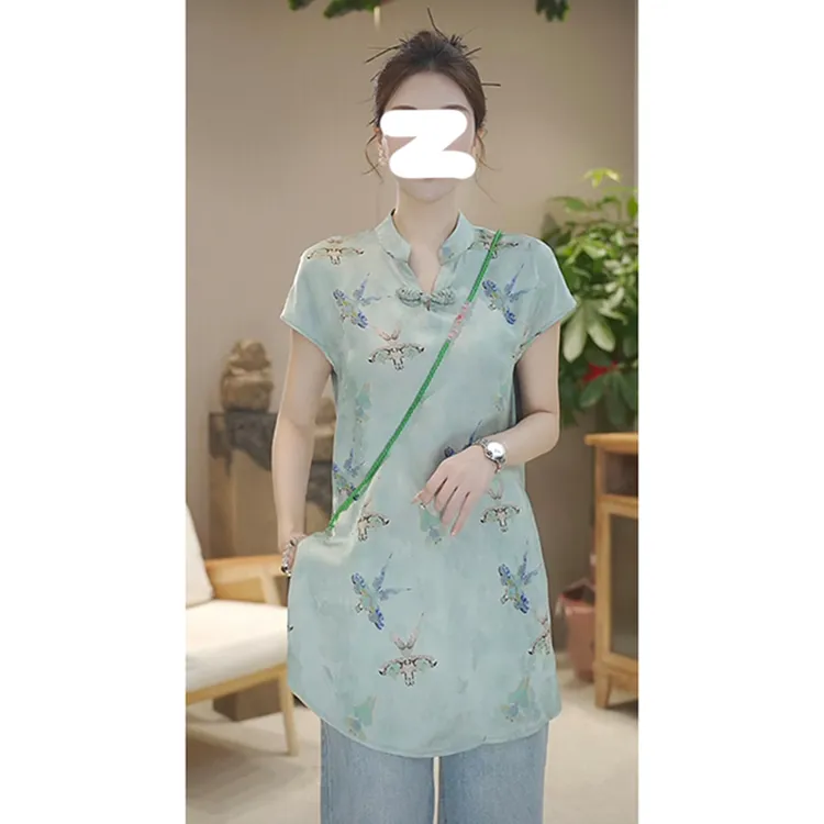 复古新中式百搭斜襟盘扣国风上衣R气质立领时尚短袖设计感女小衫