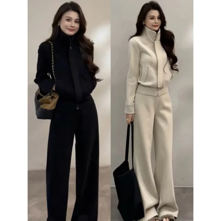 网红显瘦洋气减龄高腰宽松套装时尚拉链长袖立领卫衣气质休闲阔腿