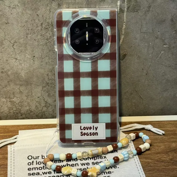 复古棕蓝格纹适用华为matex6手机壳折叠matex5链条matex3典藏版