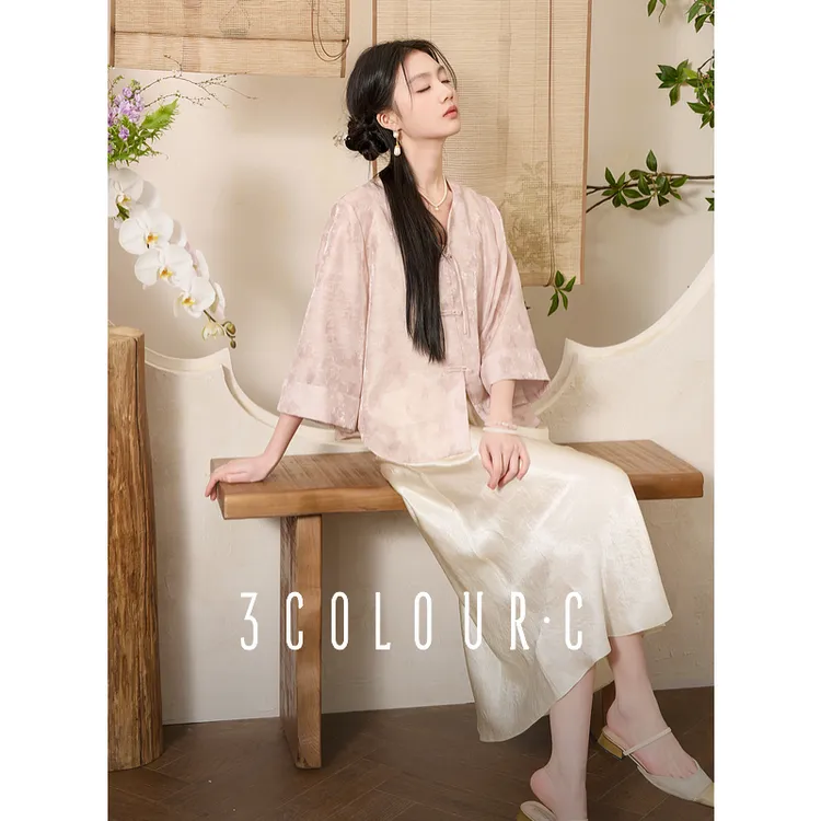 三彩【落花微雨】2025夏季新款新中式外套盘扣七分袖开衫宽松C