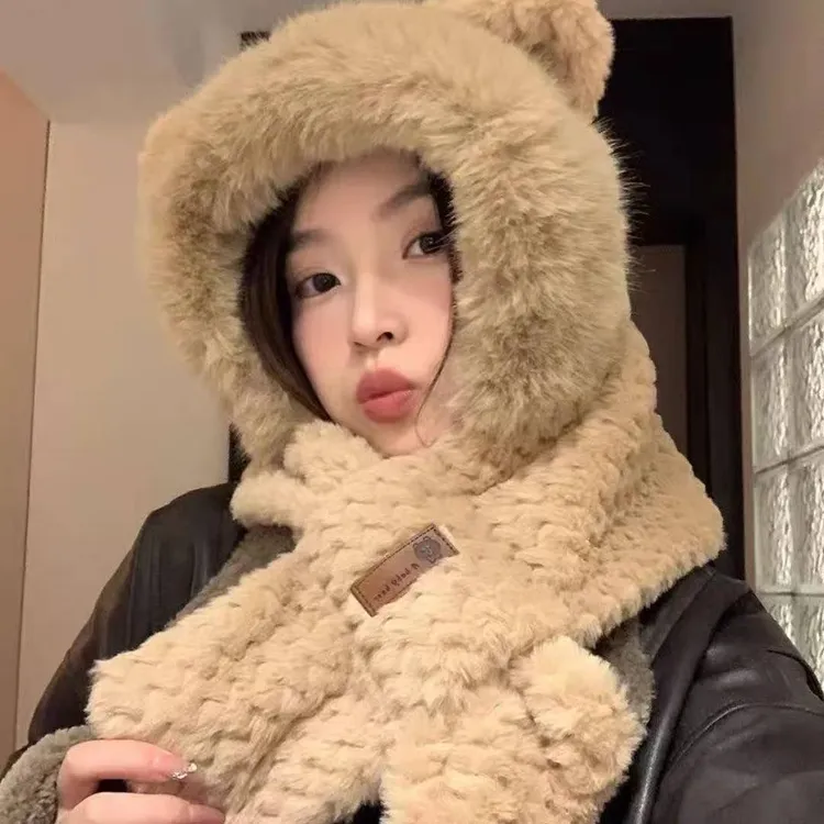粉丝福利小熊帽子围巾一体女秋冬季骑行防寒保暖护耳可爱毛绒帽