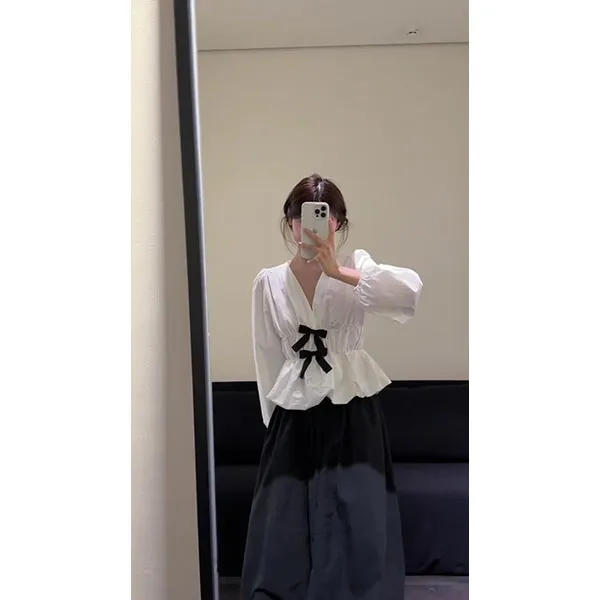 2025秋季新款洋气百搭V领收腰显瘦蝴蝶结长袖衬衫女+半身裙套装