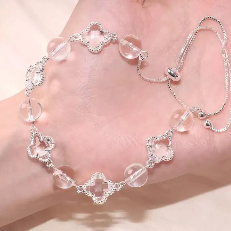 白水晶四叶草手链8mm 铜合金原创设计 轻奢小众甜美精致百搭女 