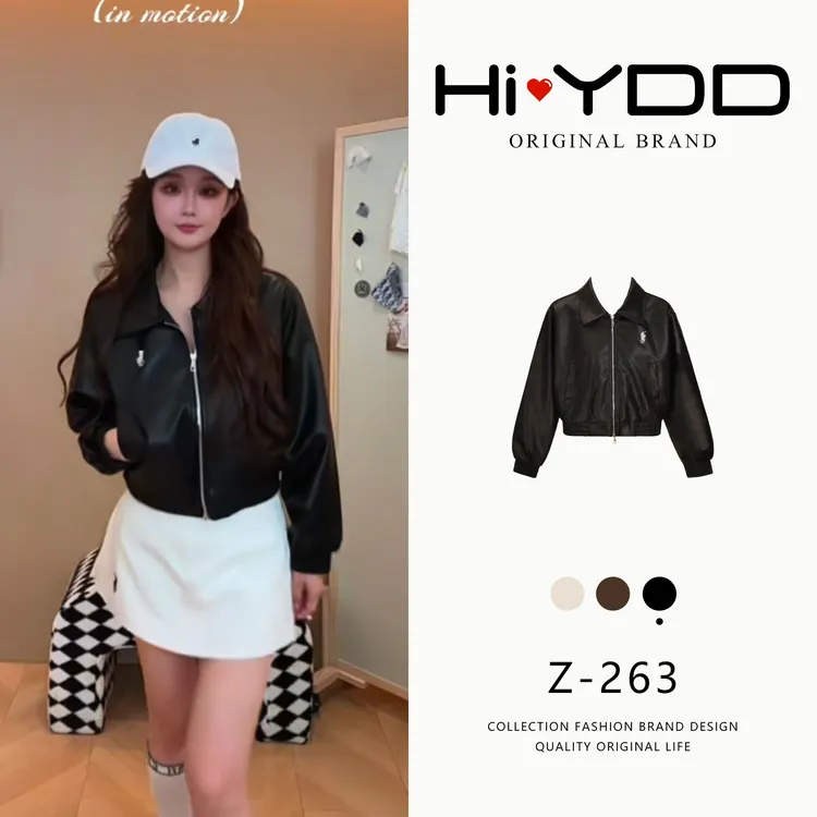 YDD•「Z-263」秋款翻领短款皮夹克外套女宽松高级感夹克上衣MM-693