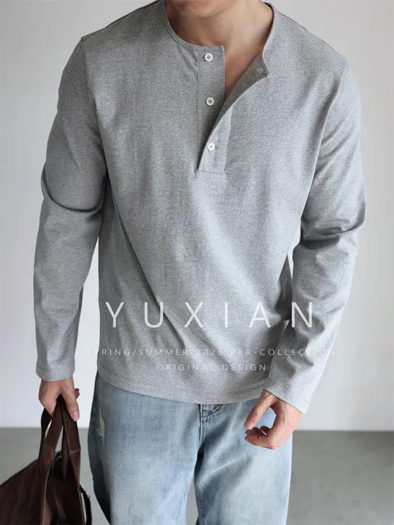 YUXIAN美式精梳棉亨利领纯棉休闲长袖T恤通勤百搭纯色透气四季