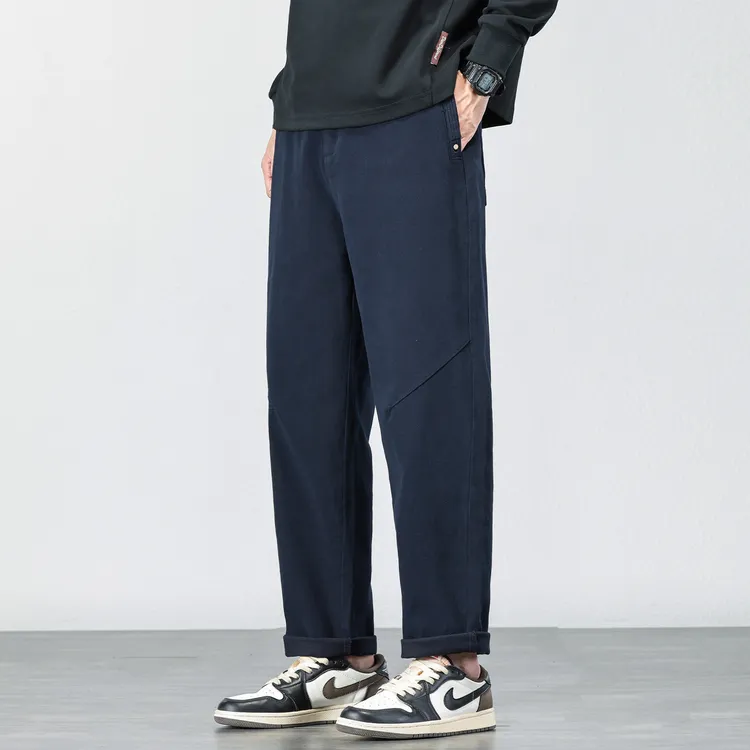 藏青色弹力锥形直筒工装裤男秋季2025秋冬新款简约百搭休闲裤子男