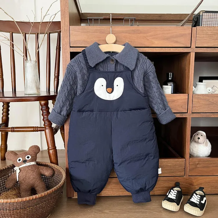 婴儿冬季夹棉背带裤男童卡通动物加厚保暖冬装棉裤宝宝可爱束脚裤