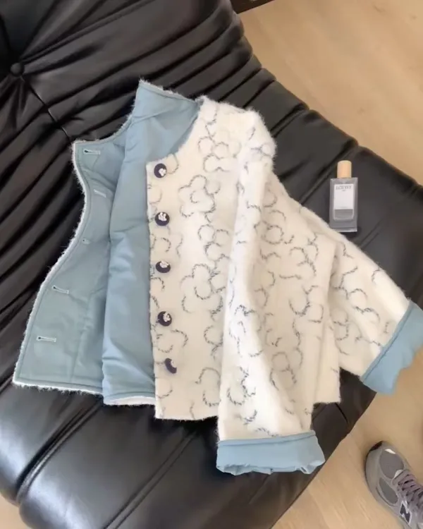 韩系设计感碎花拼色外套女2025秋冬新款宽松显瘦双排扣保暖上衣潮