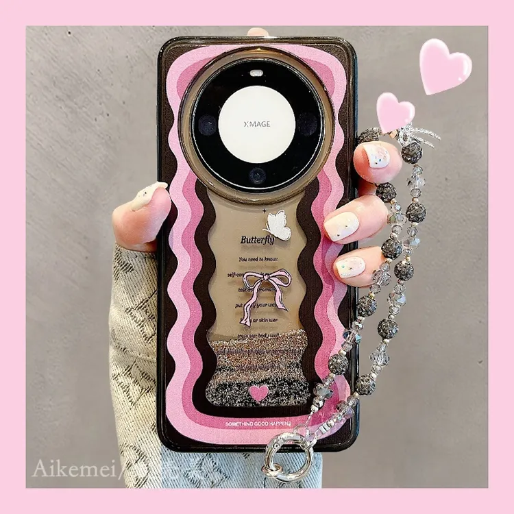 适用华为mate70pro+手机壳流沙透黑mate60pro+波浪围边蝴蝶结链条