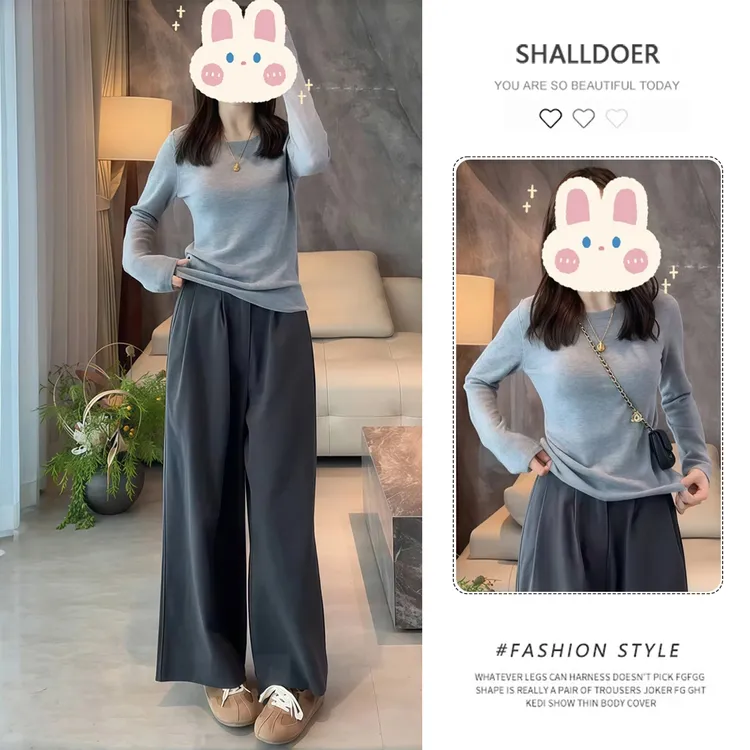 韩系慵懒风时尚套装女2025春秋新款显瘦针织长袖t恤阔腿裤两件套