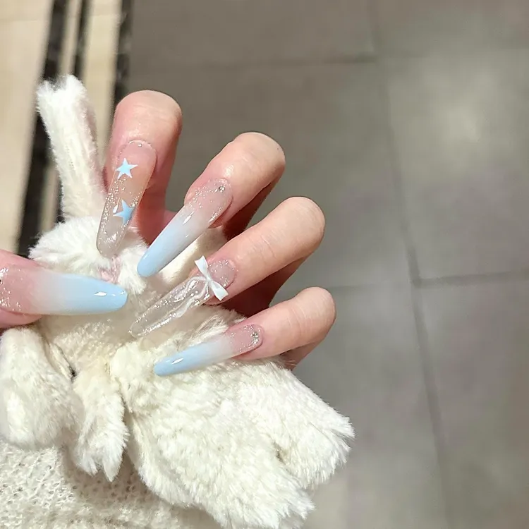 【奶蓝氧气】蓝色渐变裸色猫眼显白美甲贴可爱蝴蝶结法式手工穿戴甲