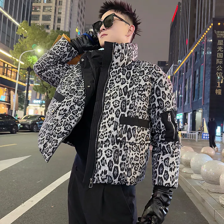 立领豹纹棉衣男冬季棉袄外套2025新款高级感潮牌痞帅时尚短款棉服