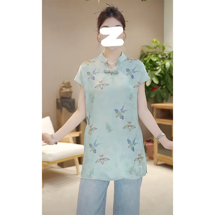 国风设计感V领盘扣旗袍衫夏季薄款新中式纸鸢E宽松百搭斜襟女小衫