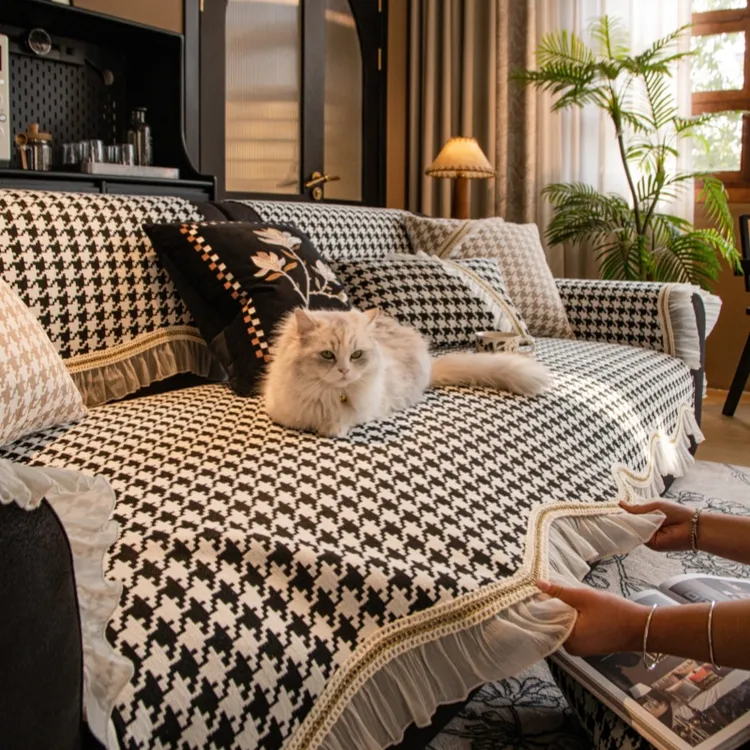 异形沙发垫雪尼尔四季通用沙发坐垫轻奢千鸟格防滑沙发套罩盖布巾