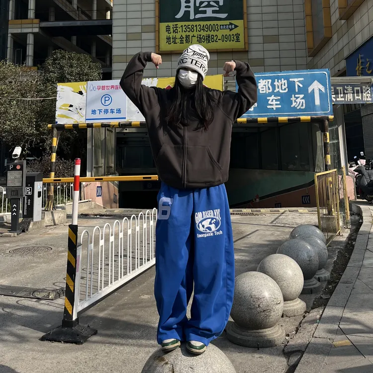 美式街头风格休闲弯刀卫裤男女冬季弯刀字母印花阔腿宽松长男女