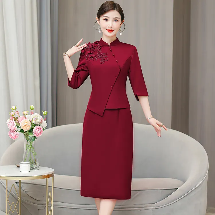 婚宴会礼服喜婆婆红色连衣裙2025新款春秋夏中长款修身妈妈装裙子