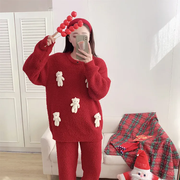 秋冬可爱小熊软绵绵半边绒睡衣套装女红色加厚休闲家居服可外穿