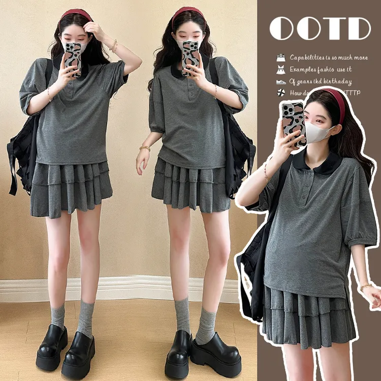 大码女装2025春夏款娃娃领学院风短袖上衣休闲百搭蛋糕半身裙套装