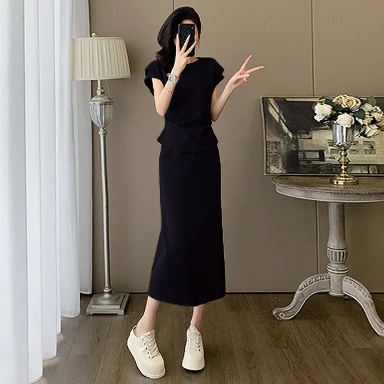 时尚气质减龄运动套装裙女夏新款紫色圆领短袖上衣半身长裙两件套