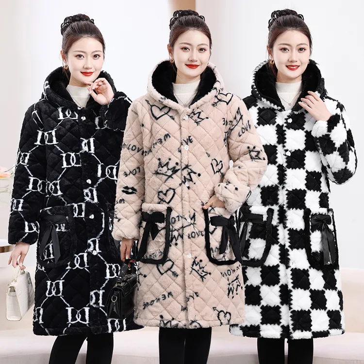 加绒加厚棉衣女冬季棉袄外套加大码连帽中长款中老年妈妈装大衣女