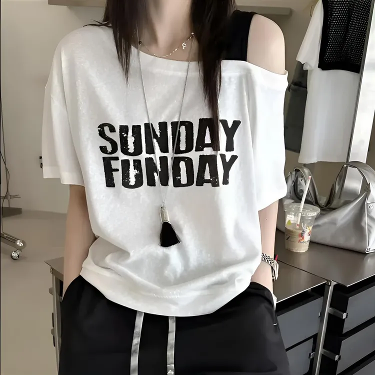 夏季斜肩吊带撞色字母休闲印花短袖T桖显瘦百搭韩版新款女款