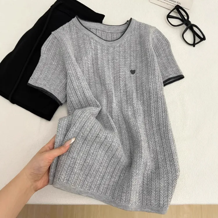 夏季时尚休闲百搭简约纯色圆领薄款上衣女装毛衣打底衫|学院风镂