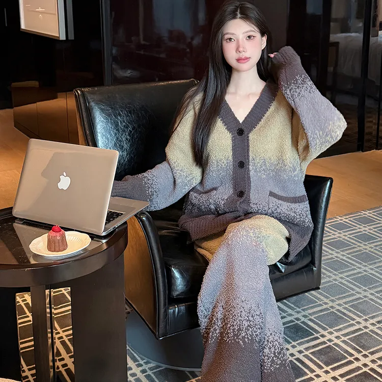2025新款软绵绵睡衣女秋冬半边绒高级感渐变长袖韩版家居服套装