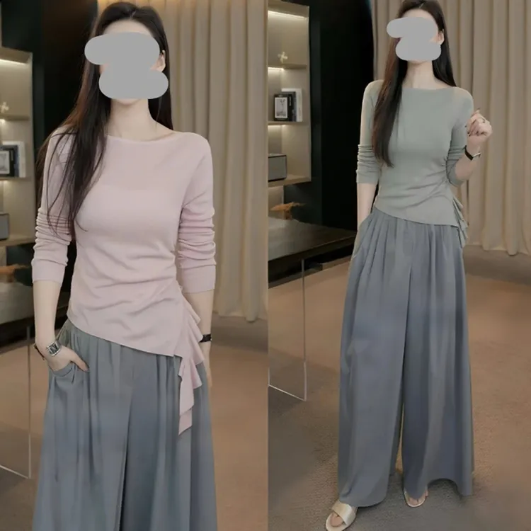 小众设计感炸街高级感女装一字领长袖针织衫百搭直筒阔腿裤套装女